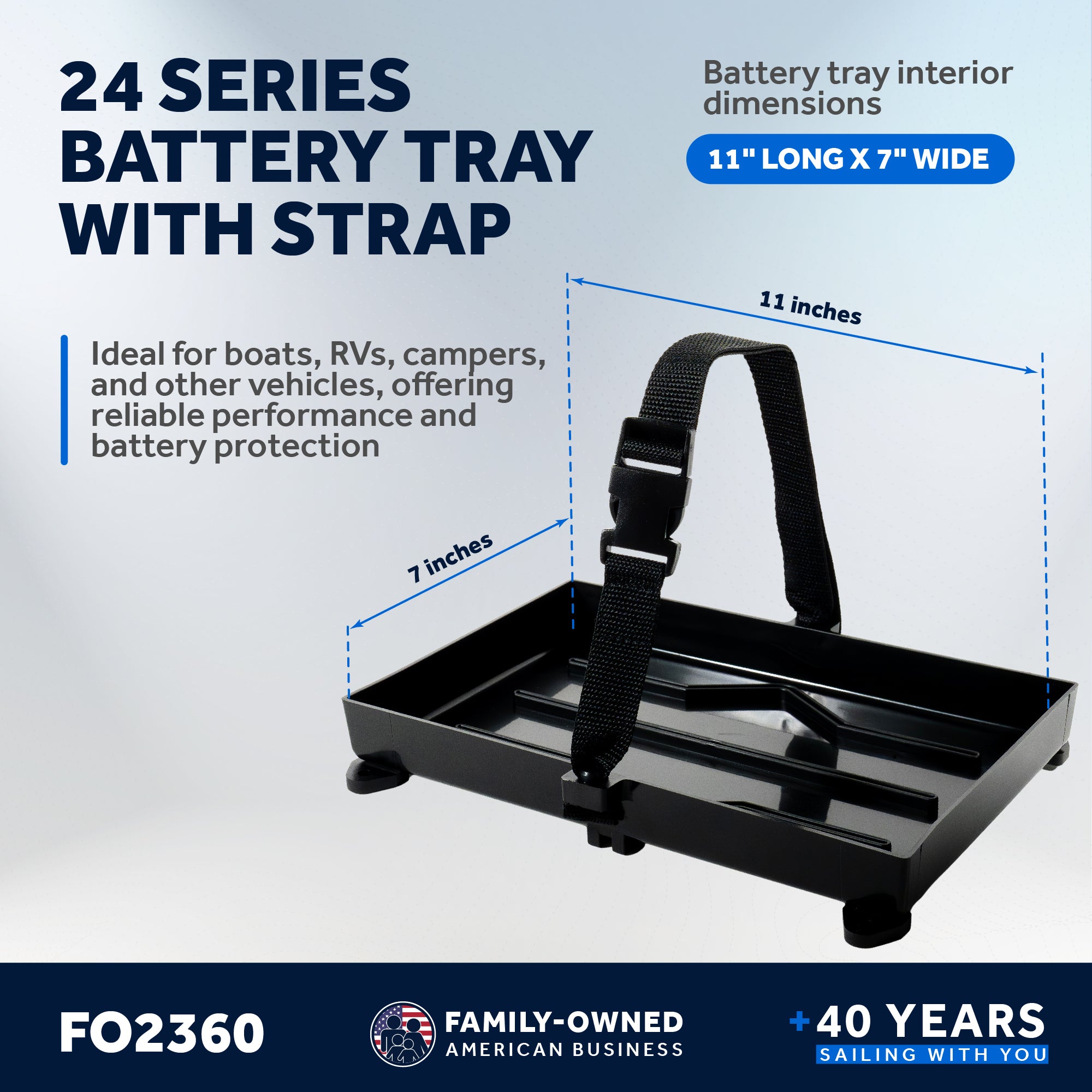 Group 24 Battery Tray with Hold-Down Strap, Black, 11"x7" - FO-2360 - Five Oceans
