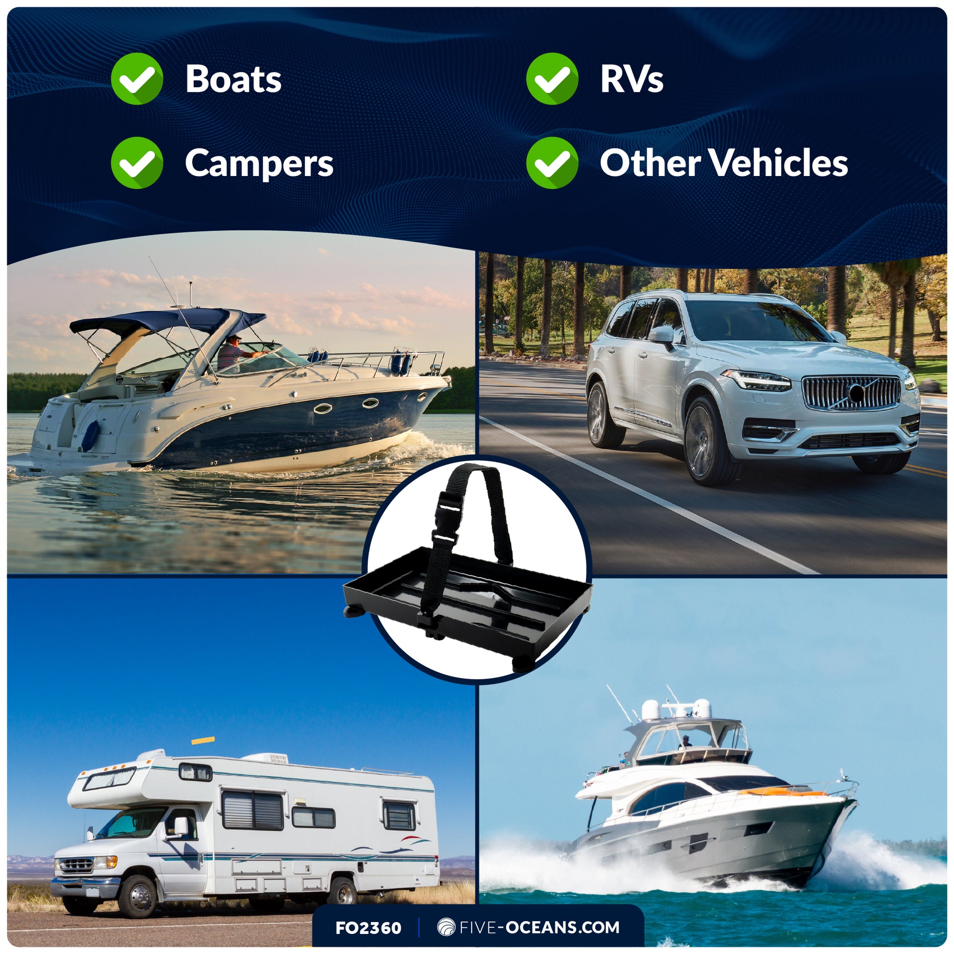 11" x 7" Group 24 Battery Tray with Hold-Down Strap, Black - FO2360 - Five Oceans