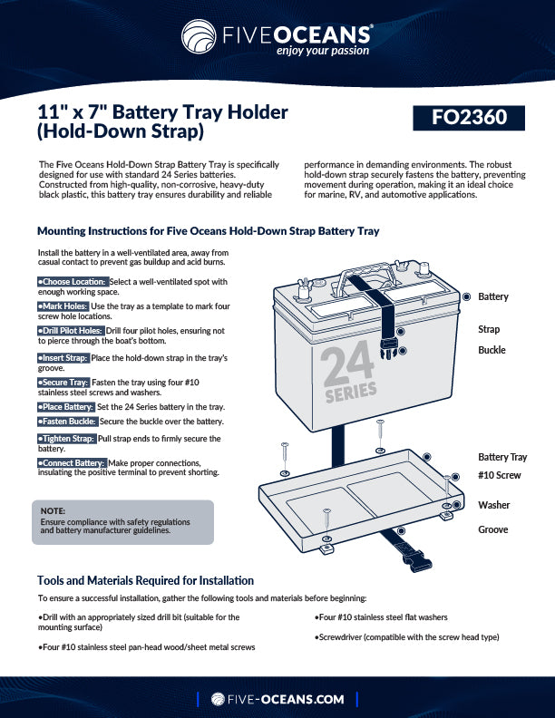11" x 7" Group 24 Battery Tray with Hold-Down Strap, Black - FO2360 - Five Oceans