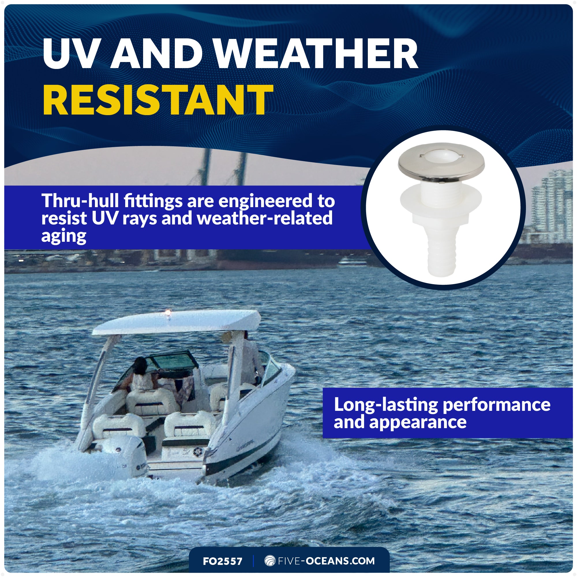 Thru-Hull Fitting for Hose, 1-1/2" White, Stainless Steel Head - FO2557