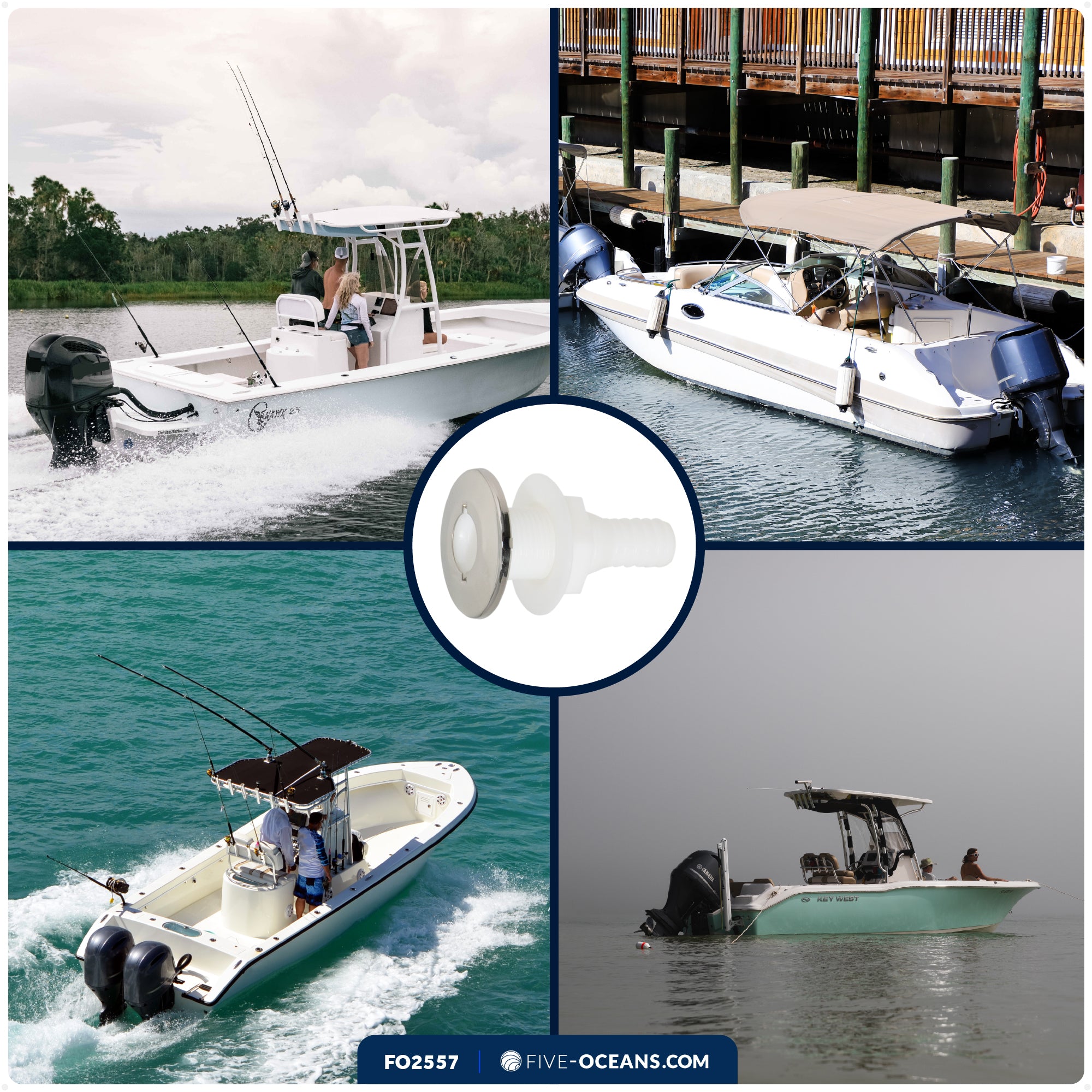 Thru-Hull Fitting for Hose, 1-1/2" White, Stainless Steel Head - FO2557