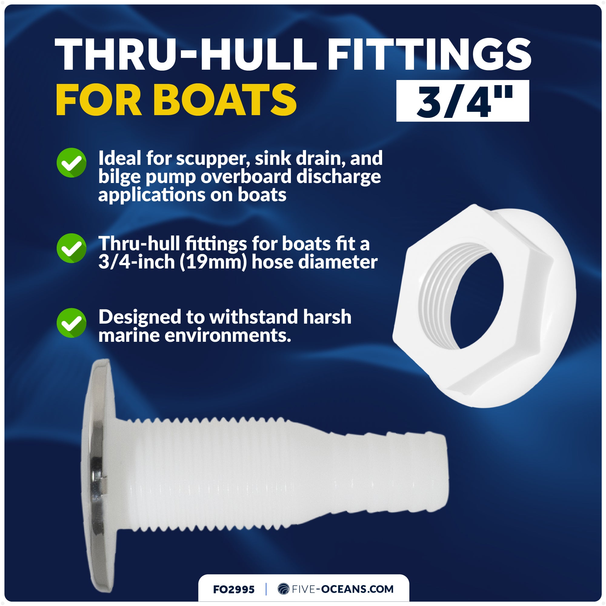 Thru-Hull Fitting for Hose, 3/4" White, Stainless Steel Head - FO2558
