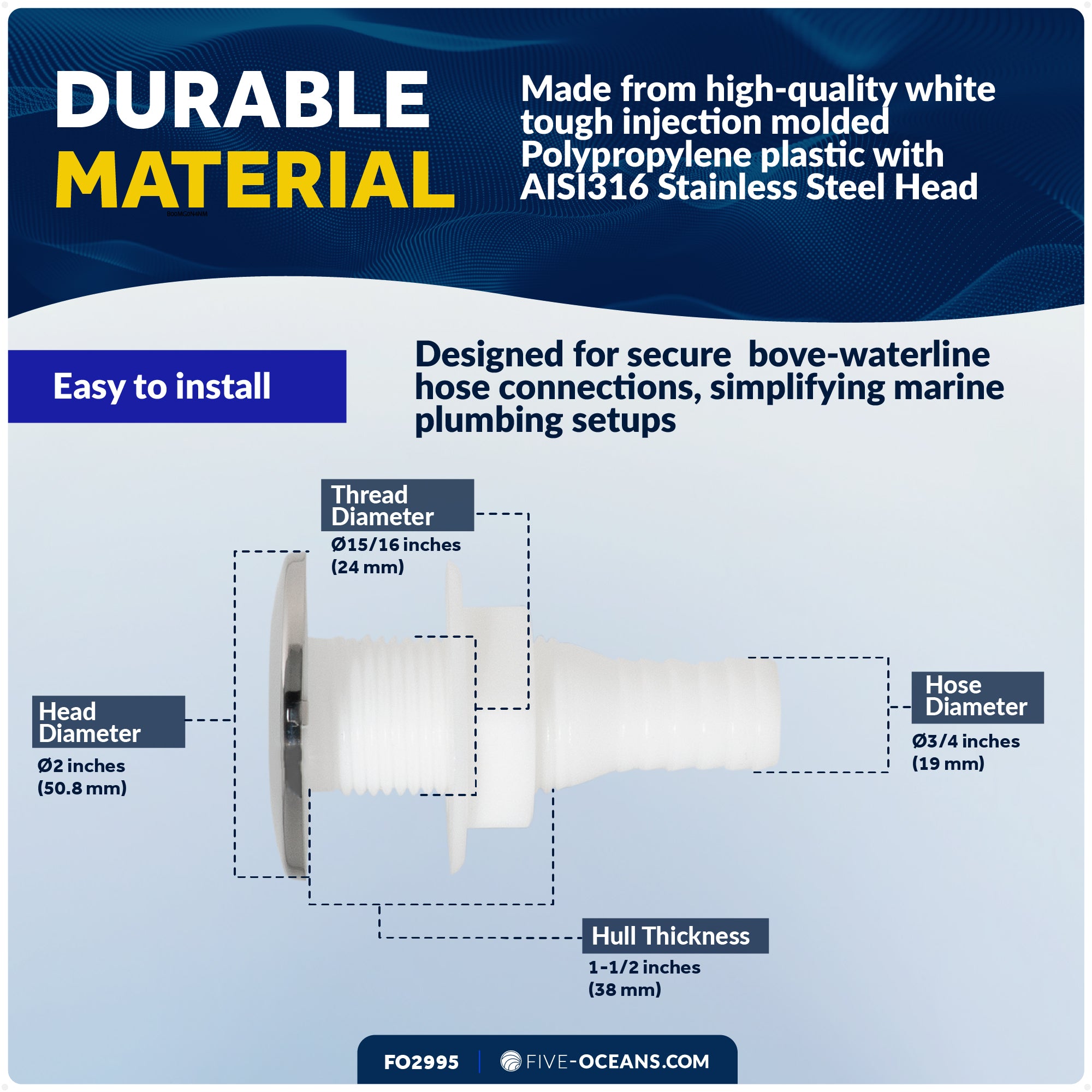 Thru-Hull Fitting for Hose, 3/4" White, Stainless Steel Head - FO2558