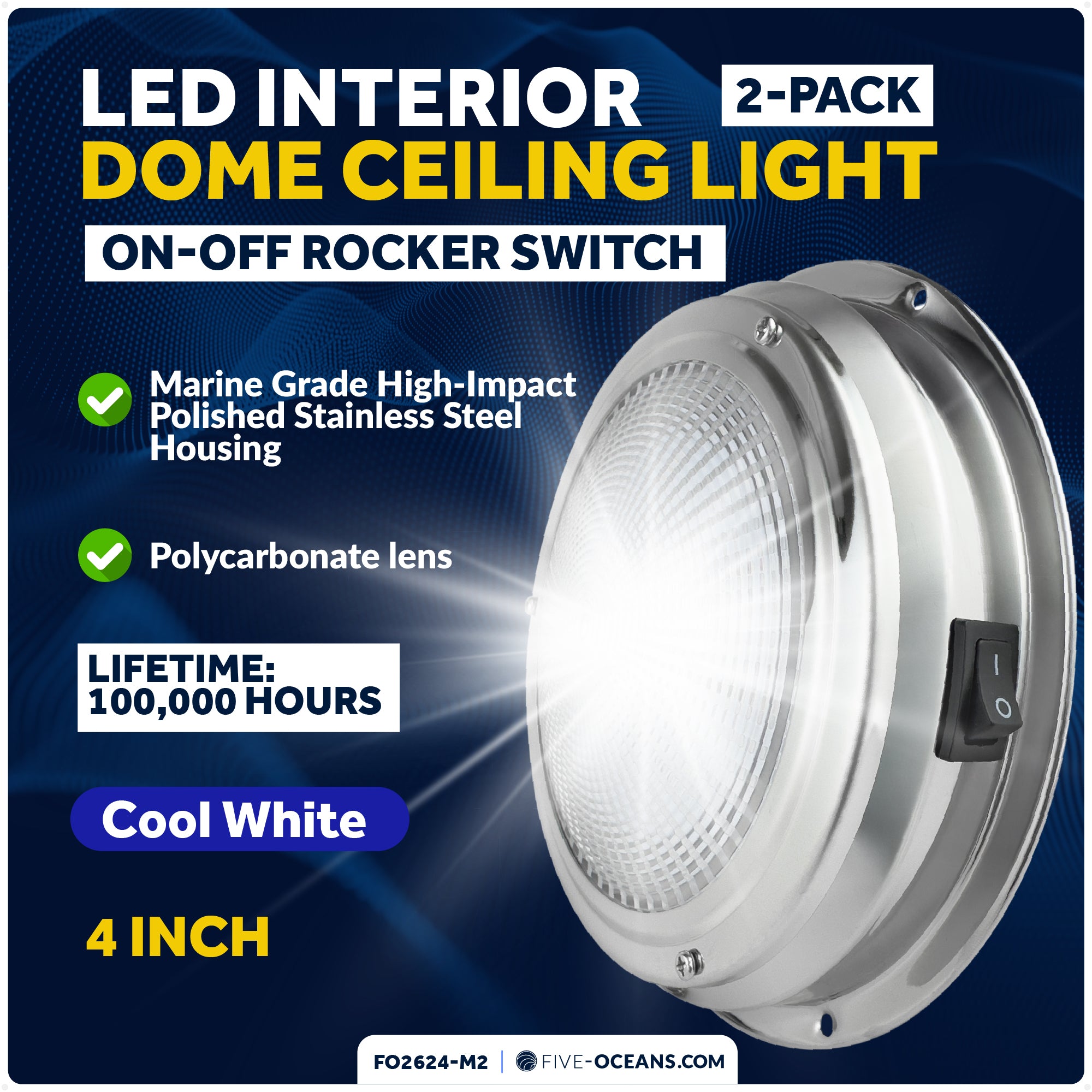 4" LED Surface-Mount Dome / Ceiling Light, Daylight White, Stainless Steel Housing, 12V, 2-Pack - FO2624-M2 - Five Oceans