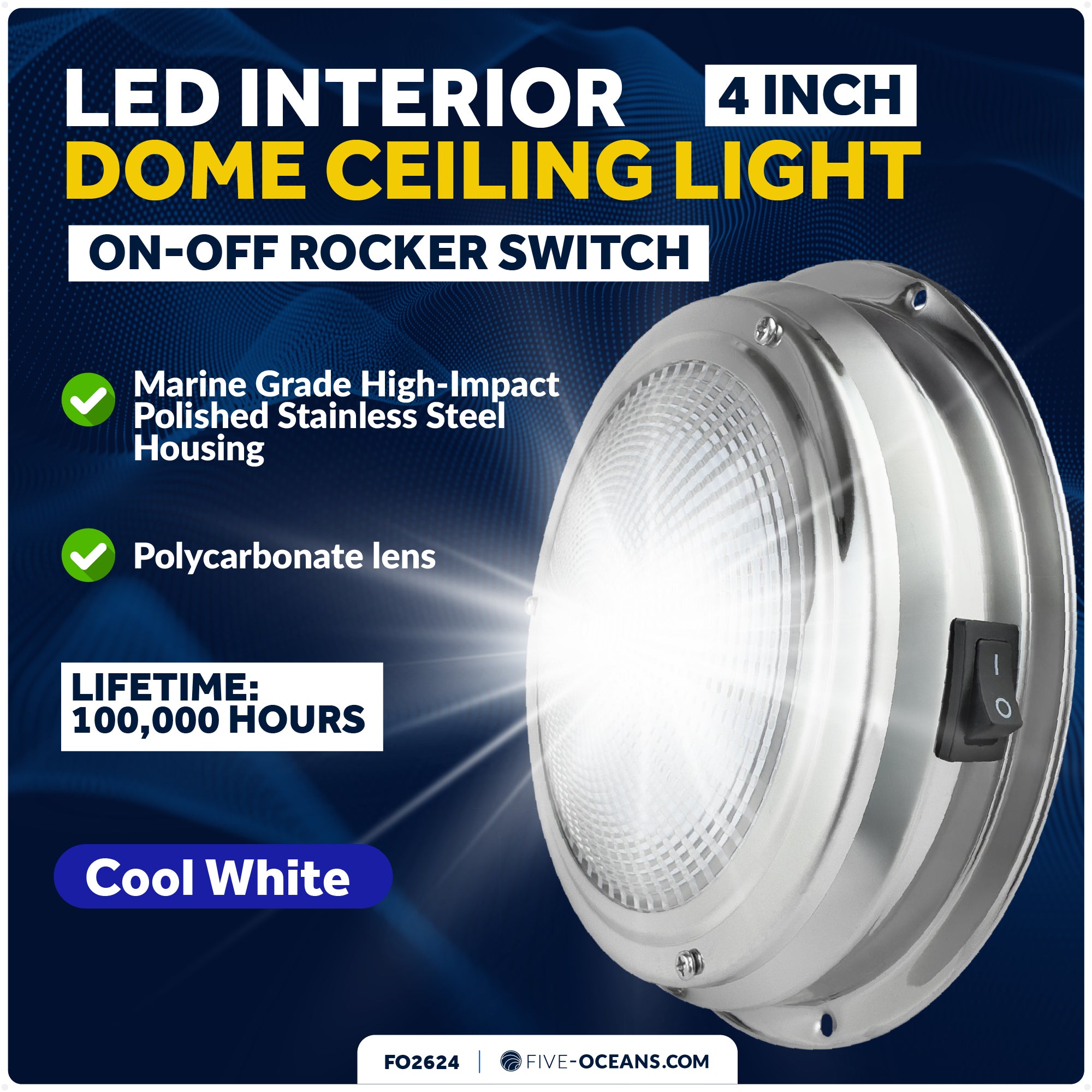 4" LED Surface-Mount Dome / Ceiling Light, Daylight White, Stainless Steel Housing, 12V - FO2624 - Five Oceans