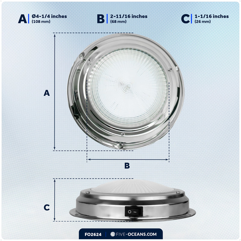 4" LED Surface-Mount Dome / Ceiling Light, Daylight White, Stainless Steel Housing, 12V - FO2624 - Five Oceans