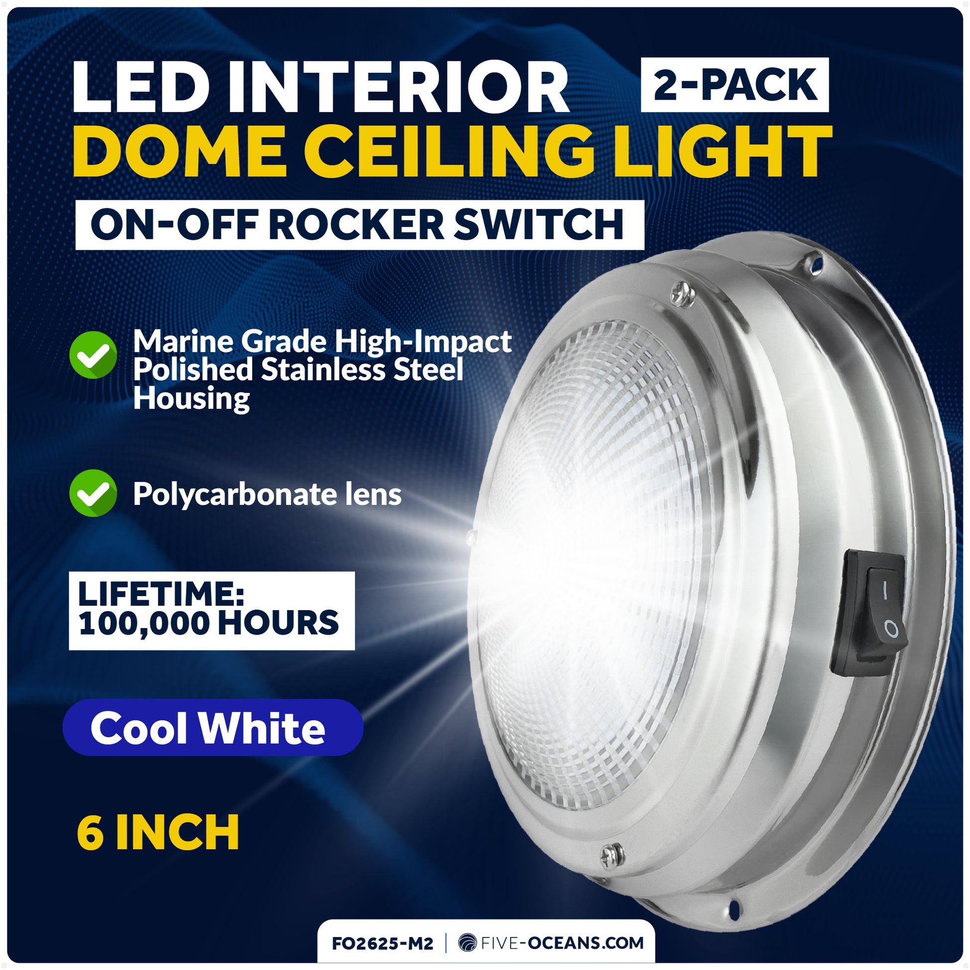 LED Interior Dome Ceiling Light, 6" Surface Mount, Daylight White, 2-Pack - FO2625-M2 - Five Oceans