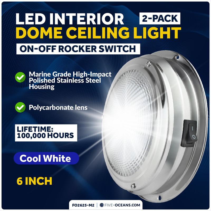 6" LED Surface-Mount Dome / Ceiling Light, Daylight White, Stainless Steel Housing, 12V, 2-Pack - FO2625-M2 - Five Oceans