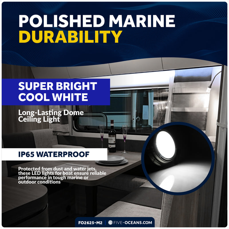 6" LED Surface-Mount Dome / Ceiling Light, Daylight White, Stainless Steel Housing, 12V, 2-Pack - FO2625-M2 - Five Oceans