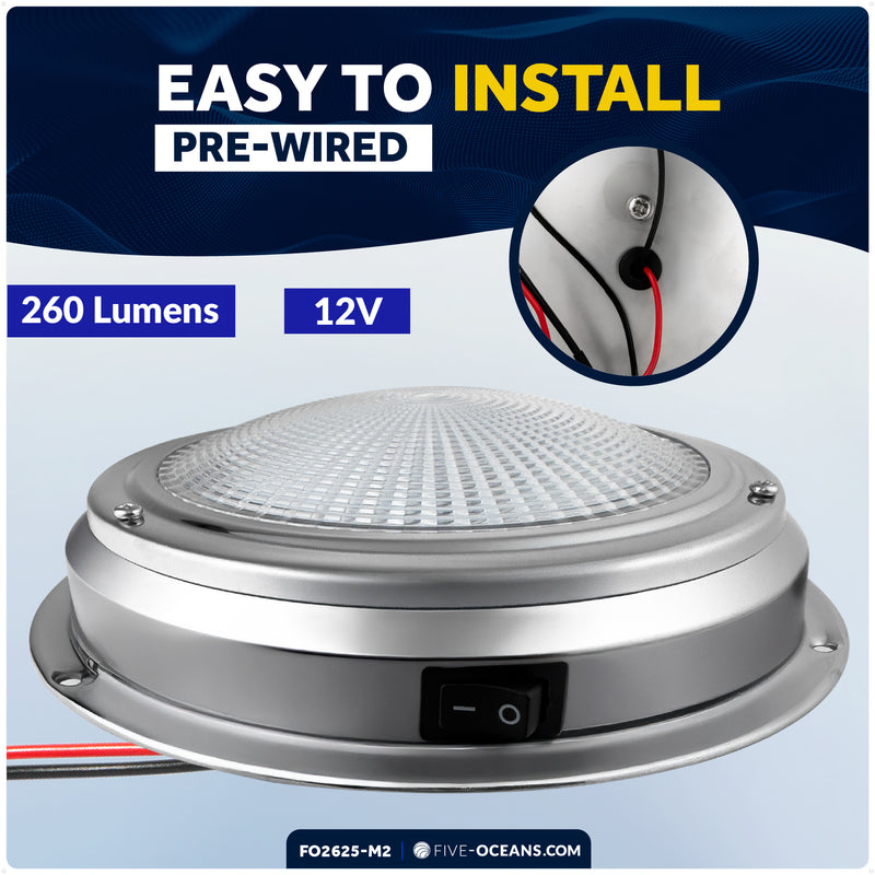 6" LED Surface-Mount Dome / Ceiling Light, Daylight White, Stainless Steel Housing, 12V, 2-Pack - FO2625-M2 - Five Oceans
