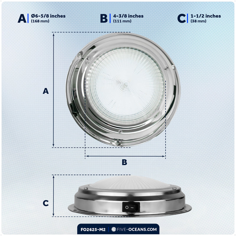 6" LED Surface-Mount Dome / Ceiling Light, Daylight White, Stainless Steel Housing, 12V, 2-Pack - FO2625-M2 - Five Oceans