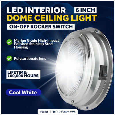 6" LED Surface-Mount Dome / Ceiling Light, Daylight White, Stainless Steel Housing, 12V - FO2625 - Five Oceans