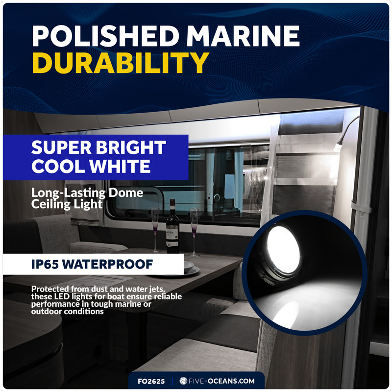 6" LED Surface-Mount Dome / Ceiling Light, Daylight White, Stainless Steel Housing, 12V - FO2625 - Five Oceans