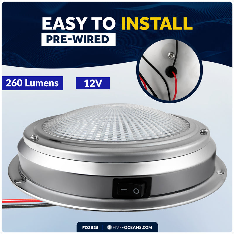 6" LED Surface-Mount Dome / Ceiling Light, Daylight White, Stainless Steel Housing, 12V - FO2625 - Five Oceans