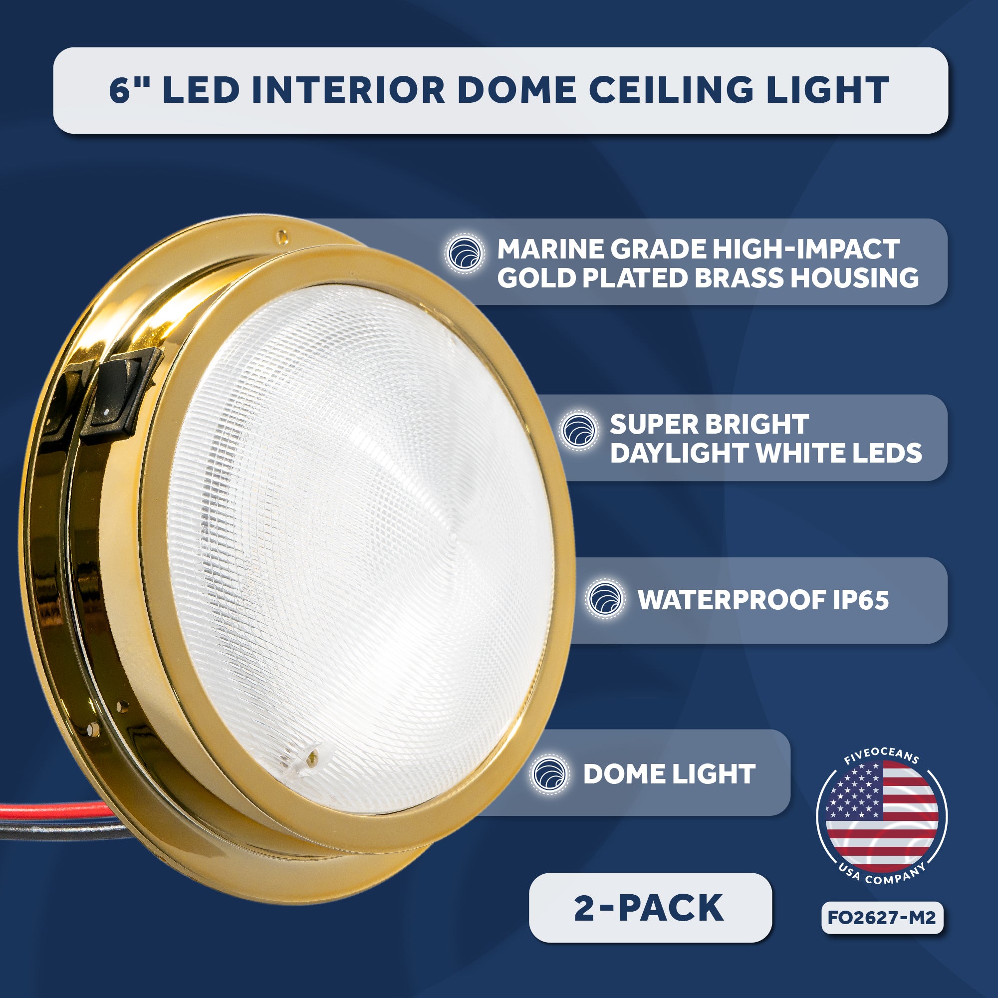 LED Interior Dome Ceiling Light, 6" Surface Mount, Daylight White, 2-Pack - FO2627-M2 - Five Oceans