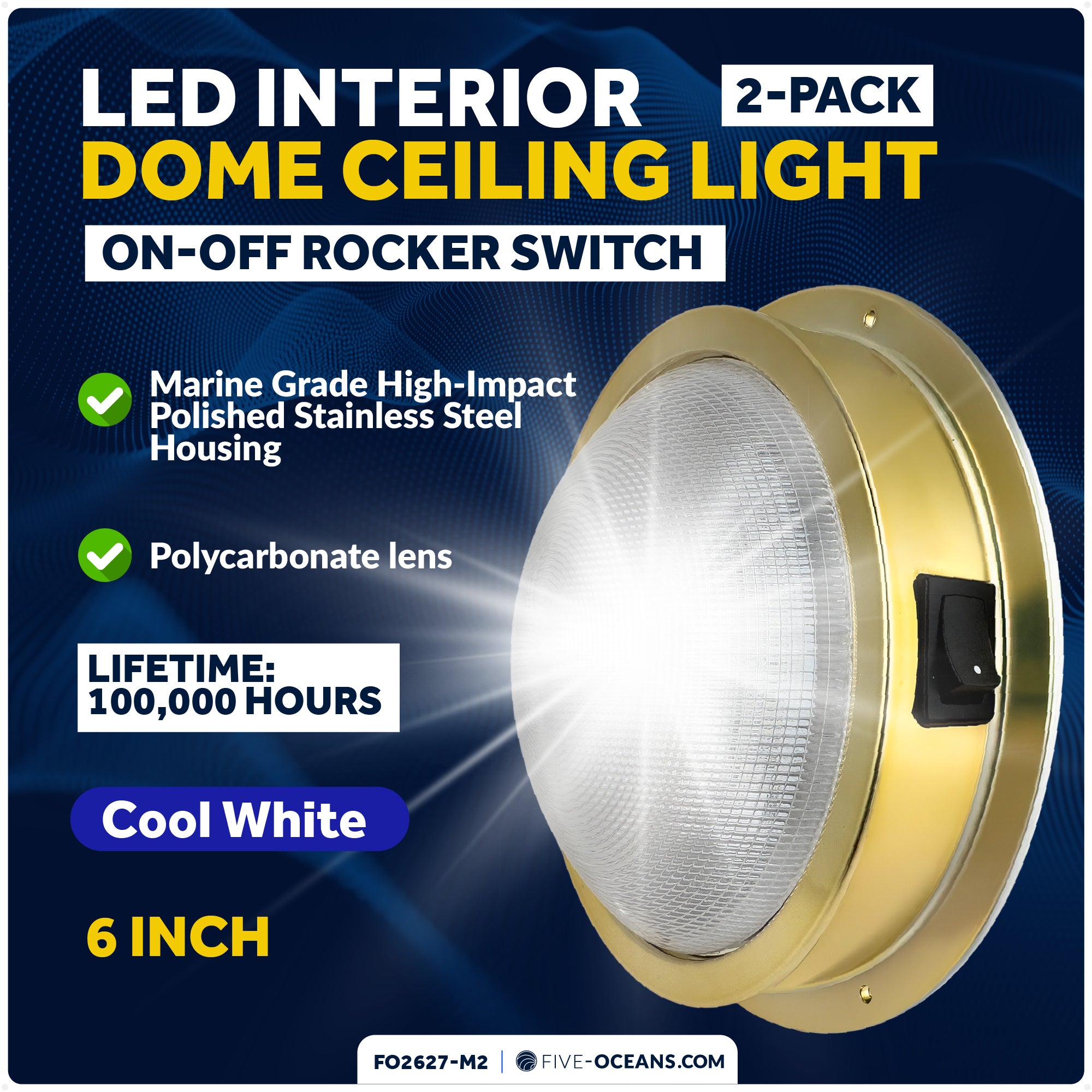 6" LED Surface-Mount Dome / Ceiling Light, Daylight White, Gold Plated Brass Housing, 12V, 2-Pack - FO2627-M2 - Five Oceans