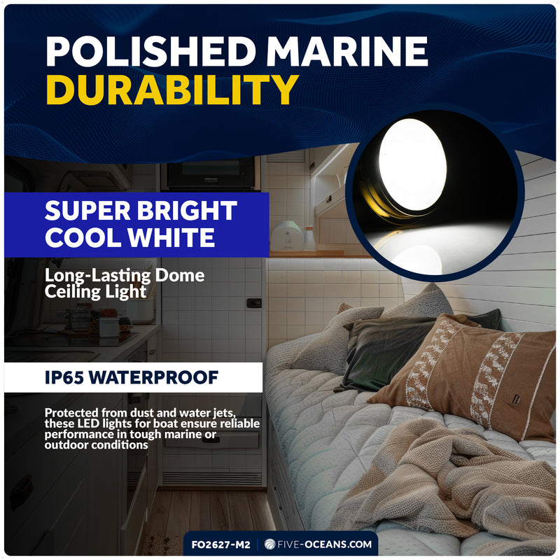 6" LED Surface-Mount Dome / Ceiling Light, Daylight White, Gold Plated Brass Housing, 12V, 2-Pack - FO2627-M2 - Five Oceans