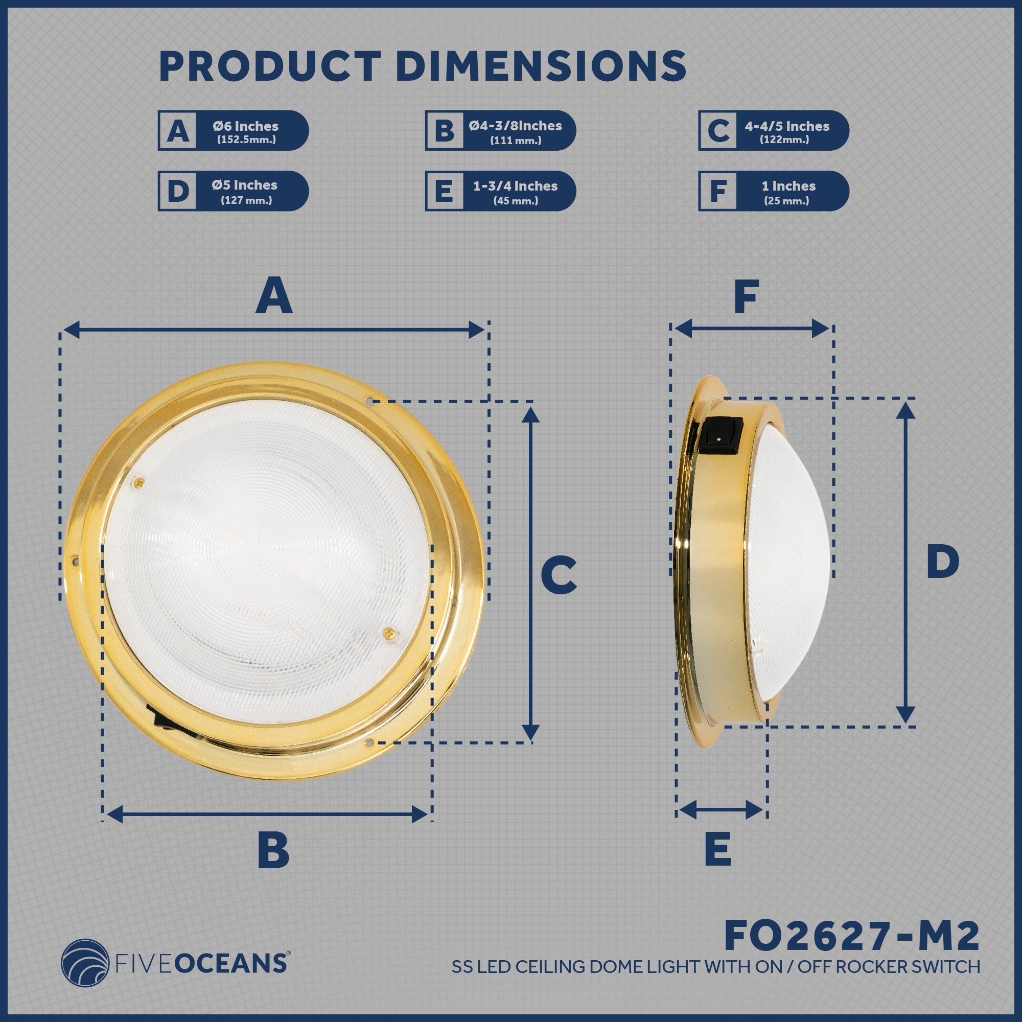 LED Interior Dome Ceiling Light, 6" Surface Mount, Daylight White, 2-Pack - FO2627-M2 - Five Oceans