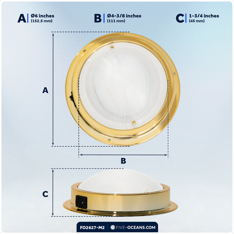 6" LED Surface-Mount Dome / Ceiling Light, Daylight White, Gold Plated Brass Housing, 12V, 2-Pack - FO2627-M2 - Five Oceans