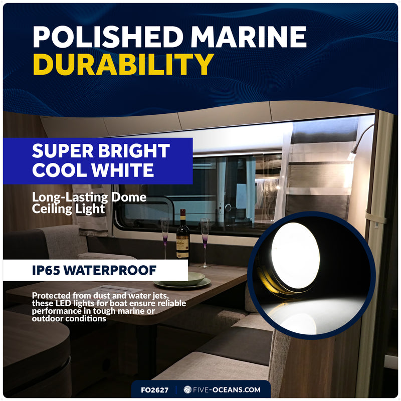 6" LED Surface-Mount Dome / Ceiling Light, Daylight White, Gold Plated Brass Housing, 12V - FO2627 - Five Oceans
