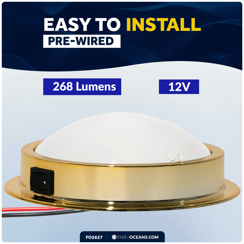 6" LED Surface-Mount Dome / Ceiling Light, Daylight White, Gold Plated Brass Housing, 12V - FO2627 - Five Oceans