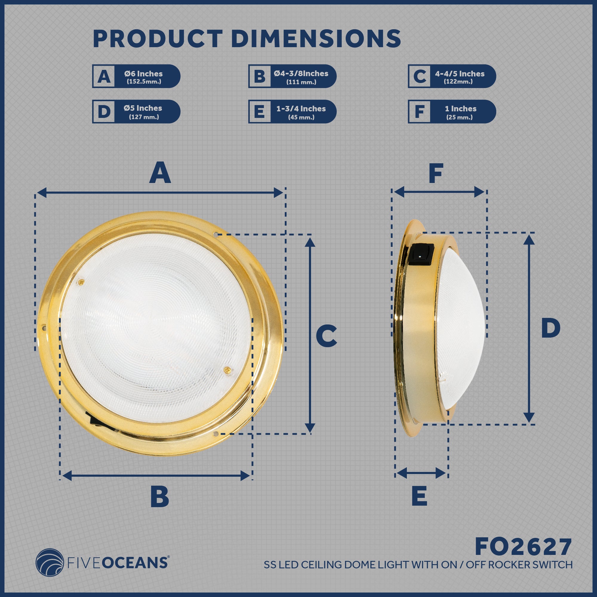 LED Interior Dome Ceiling Light, 6" Surface Mount, Daylight White - FO2627 - Five Oceans