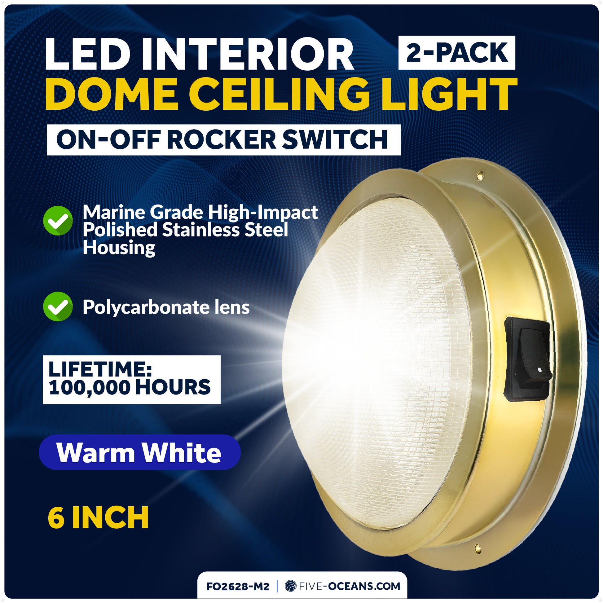 LED Interior Dome Ceiling Light, 6" Surface Mount, Warm White, 2-Pack - FO2628-M2 - Five Oceans