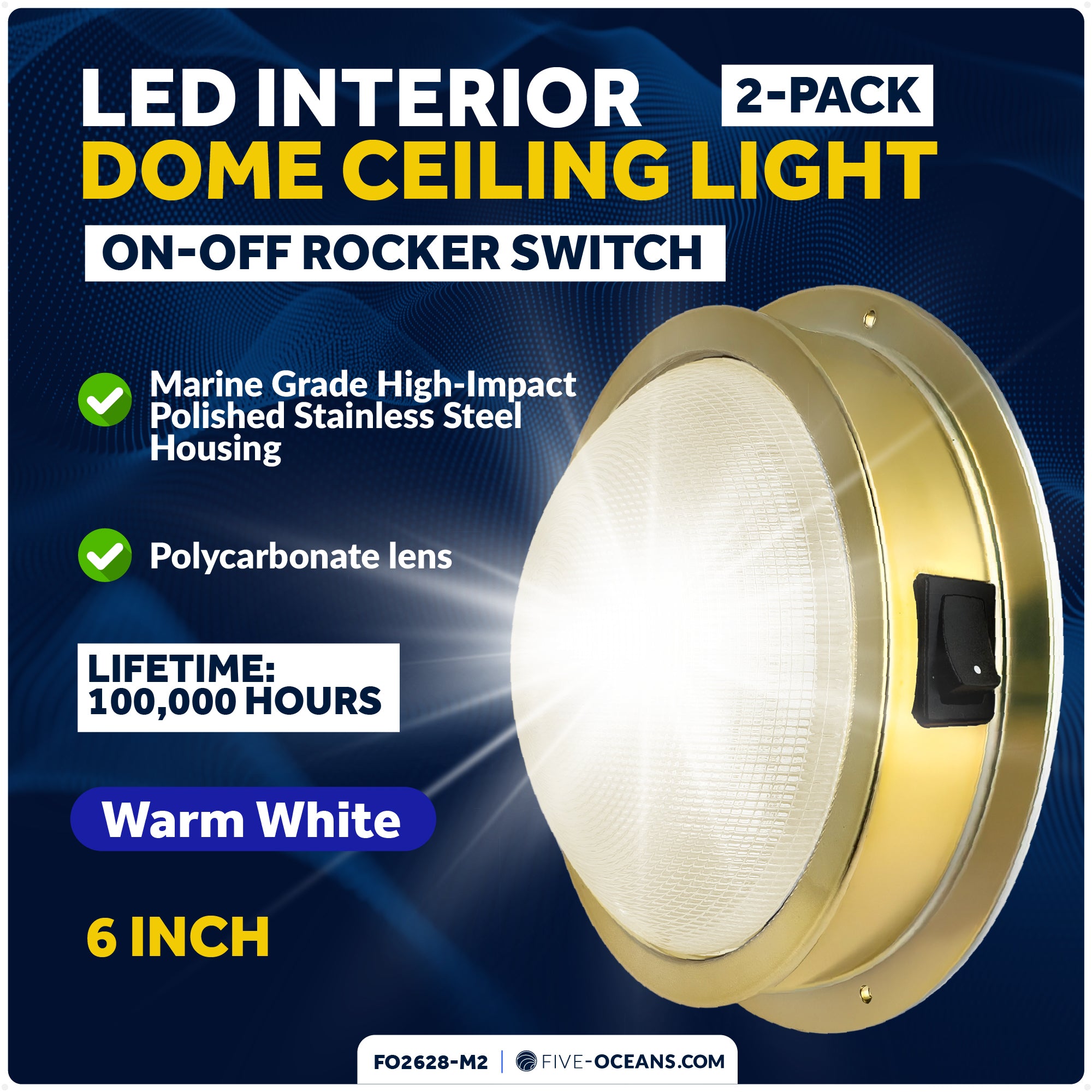 6" LED Surface-Mount Dome / Ceiling Light, Warm White, Gold Plated Brass Housing, 12V, 2-Pack - FO2628-M2 - Five Oceans