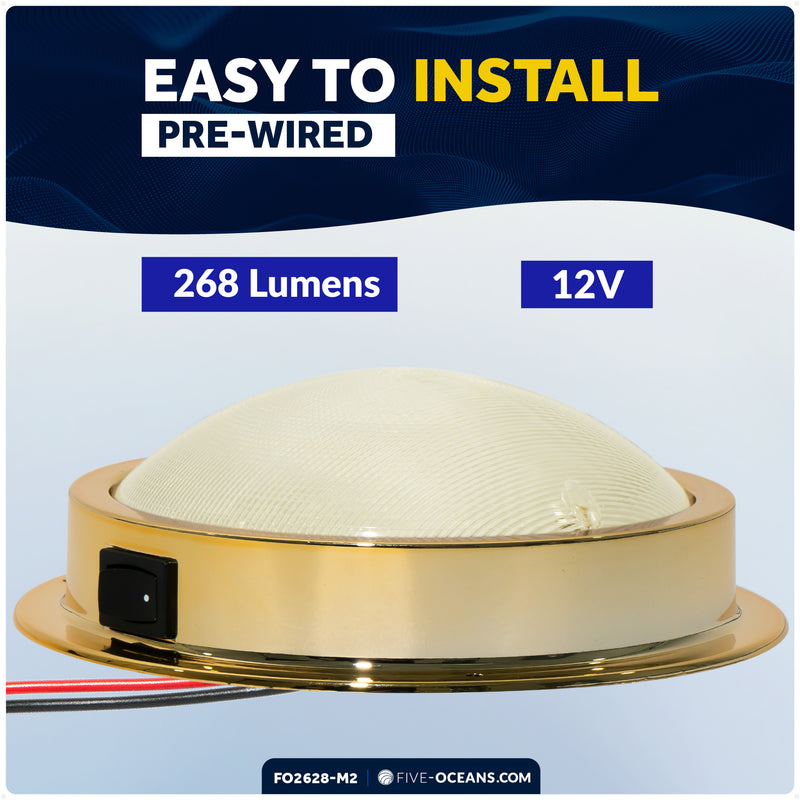 6" LED Surface-Mount Dome / Ceiling Light, Warm White, Gold Plated Brass Housing, 12V, 2-Pack - FO2628-M2 - Five Oceans