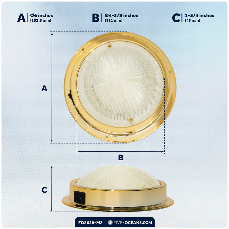 6" LED Surface-Mount Dome / Ceiling Light, Warm White, Gold Plated Brass Housing, 12V, 2-Pack - FO2628-M2 - Five Oceans