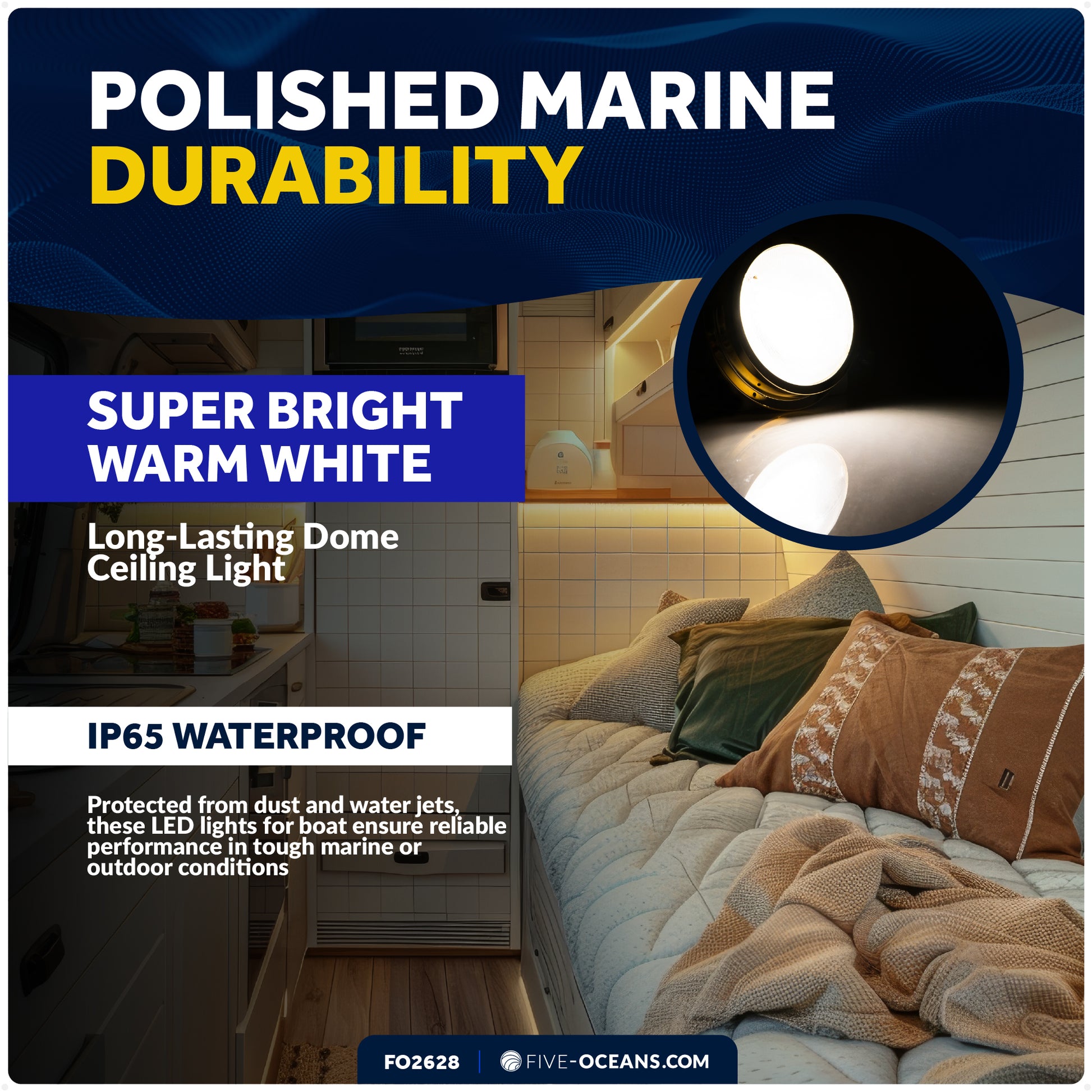 6" LED Surface-Mount Dome / Ceiling Light, Warm White, Gold Plated Brass Housing, 12V - FO2628 - Five Oceans