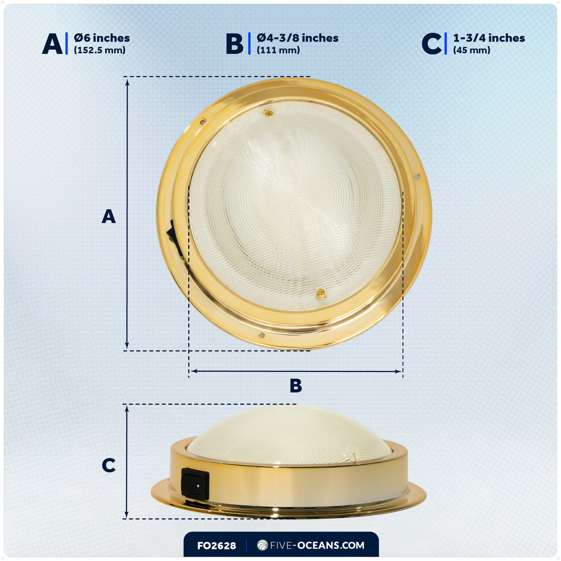 6" LED Surface-Mount Dome / Ceiling Light, Warm White, Gold Plated Brass Housing, 12V - FO2628 - Five Oceans