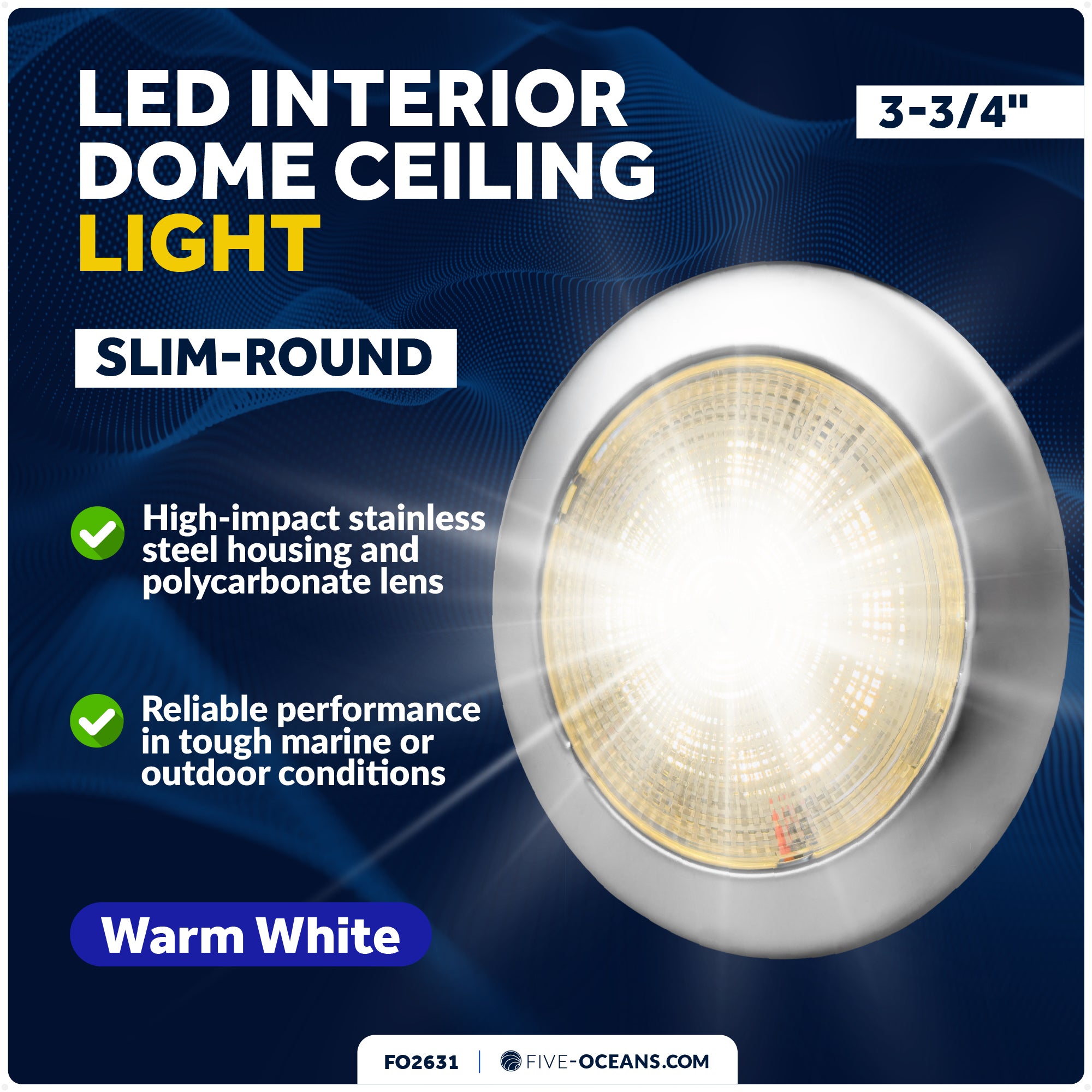 3-3/4" Surface-Mount LED Slim Dome / Ceiling Light, Warm White, Stainless Steel Housing, 12V - FO2631 - Five Oceans