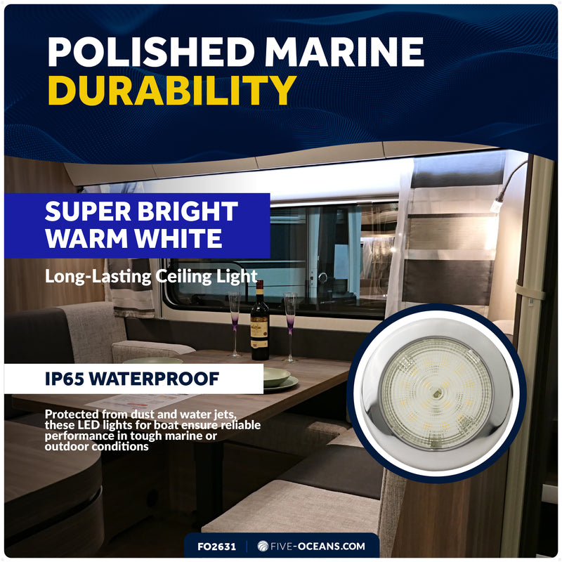 3-3/4" Surface-Mount LED Slim Dome / Ceiling Light, Warm White, Stainless Steel Housing, 12V - FO2631 - Five Oceans
