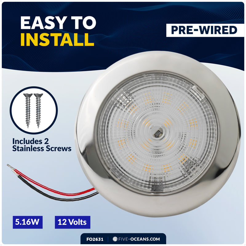 3-3/4" Surface-Mount LED Slim Dome / Ceiling Light, Warm White, Stainless Steel Housing, 12V - FO2631 - Five Oceans