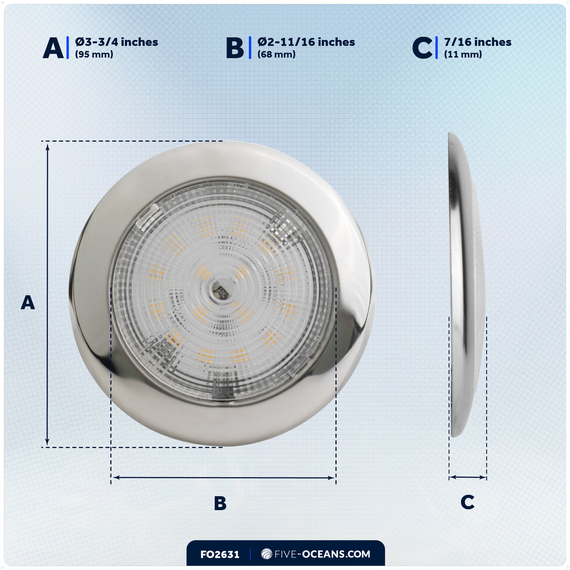 LED Interior Dome Ceiling Light, 3-3/4" Slim Round, Warm White, 12V - FO2631 - Five Oceans