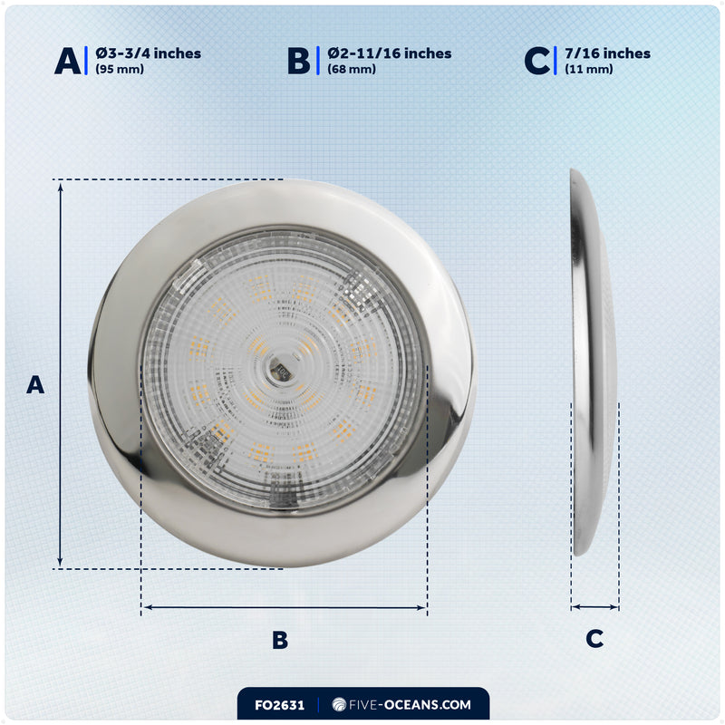 3-3/4" Surface-Mount LED Slim Dome / Ceiling Light, Warm White, Stainless Steel Housing, 12V - FO2631 - Five Oceans