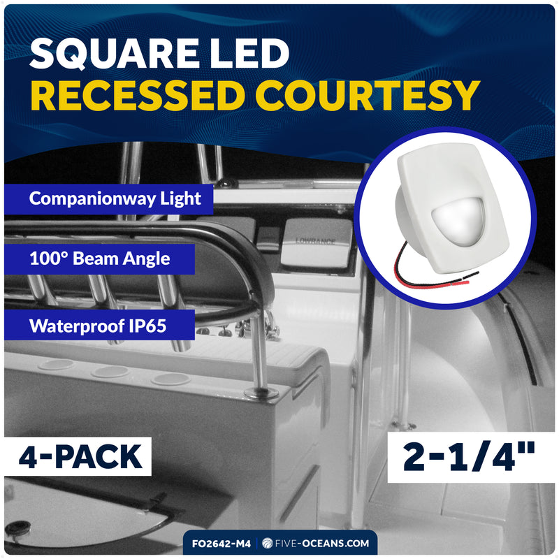 2-1/4" Square LED Recessed Courtesy / Companionway Light, White Housing, Cool White, 12V, 4-Pack - FO2642-M4 - Five Oceans