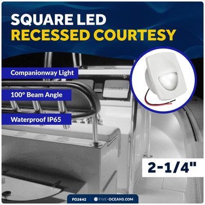2-1/4" Square LED Recessed Courtesy / Companionway Light, White Housing, Cool White, 12V - FO2642 - Five Oceans