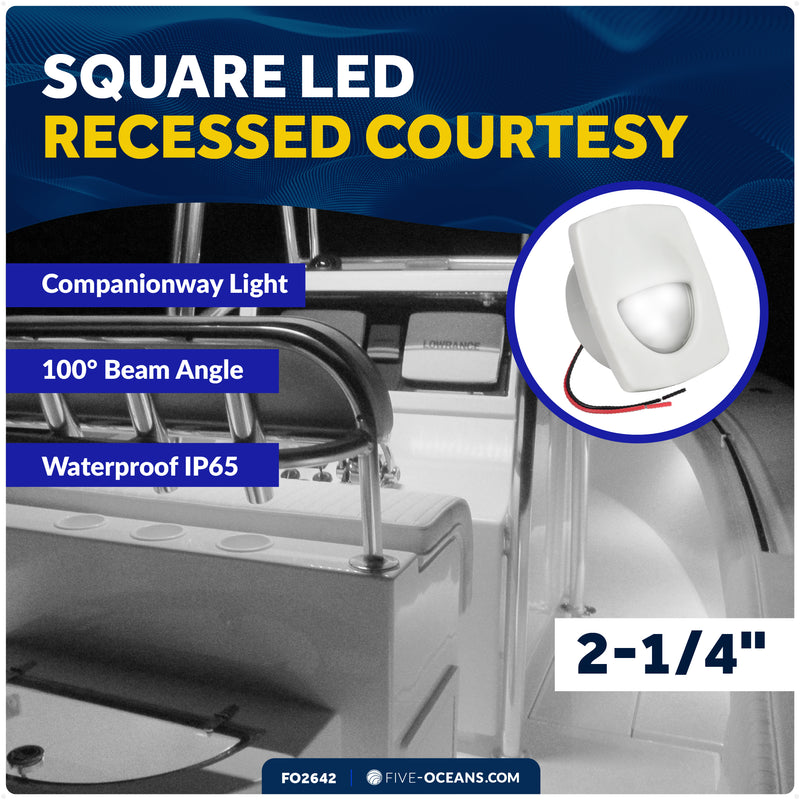 2-1/4" Square LED Recessed Courtesy / Companionway Light, White Housing, Cool White, 12V - FO2642 - Five Oceans