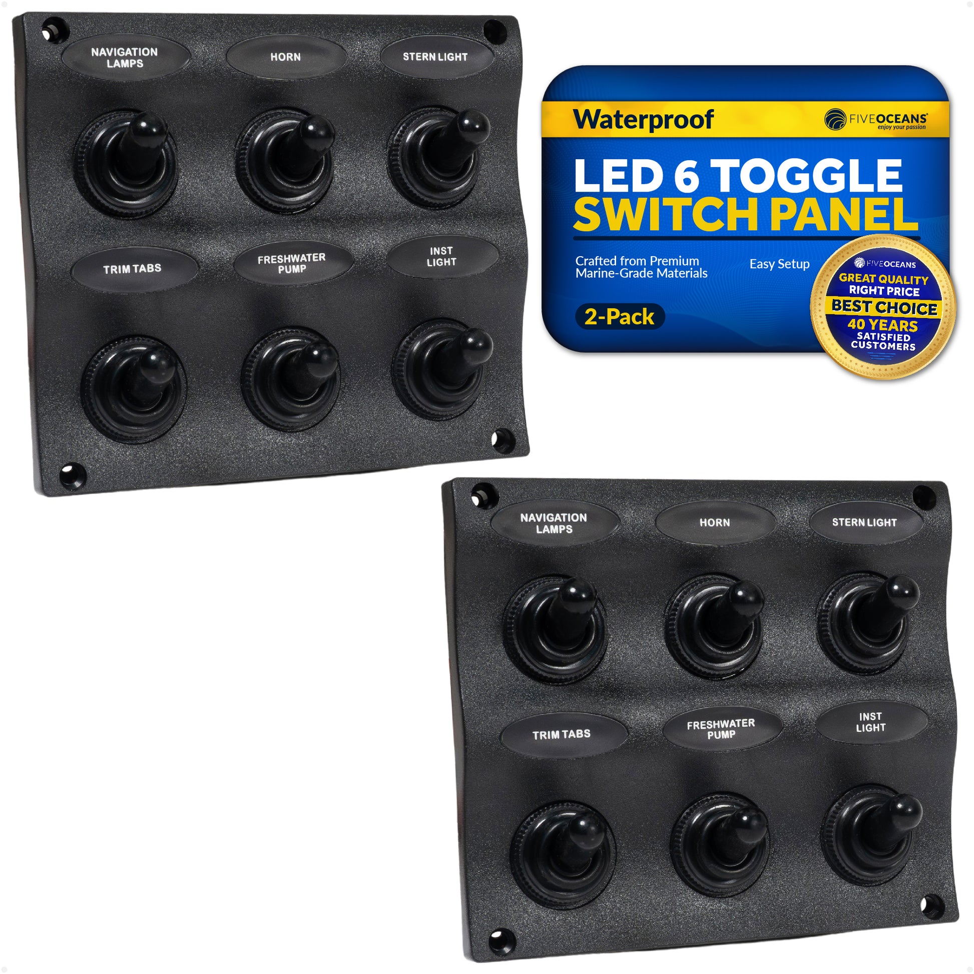 LED 6 Gang Switch Panel - Waterproof - 12-24 Volts - 2-Pack - FO2652-M2 - Five Oceans