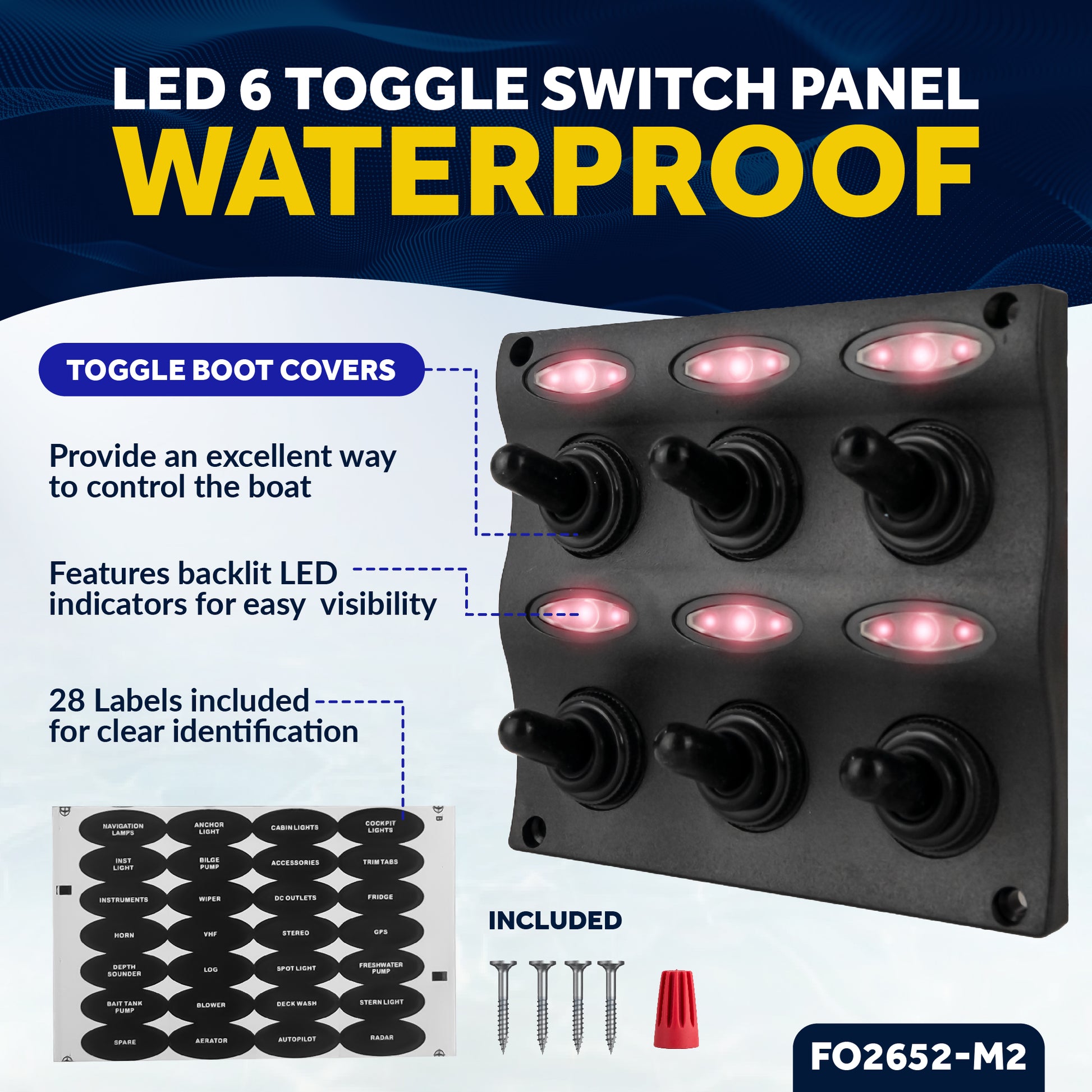 LED 6 Gang Switch Panel - Waterproof - 12-24 Volts - 2-Pack - FO2652-M2 - Five Oceans