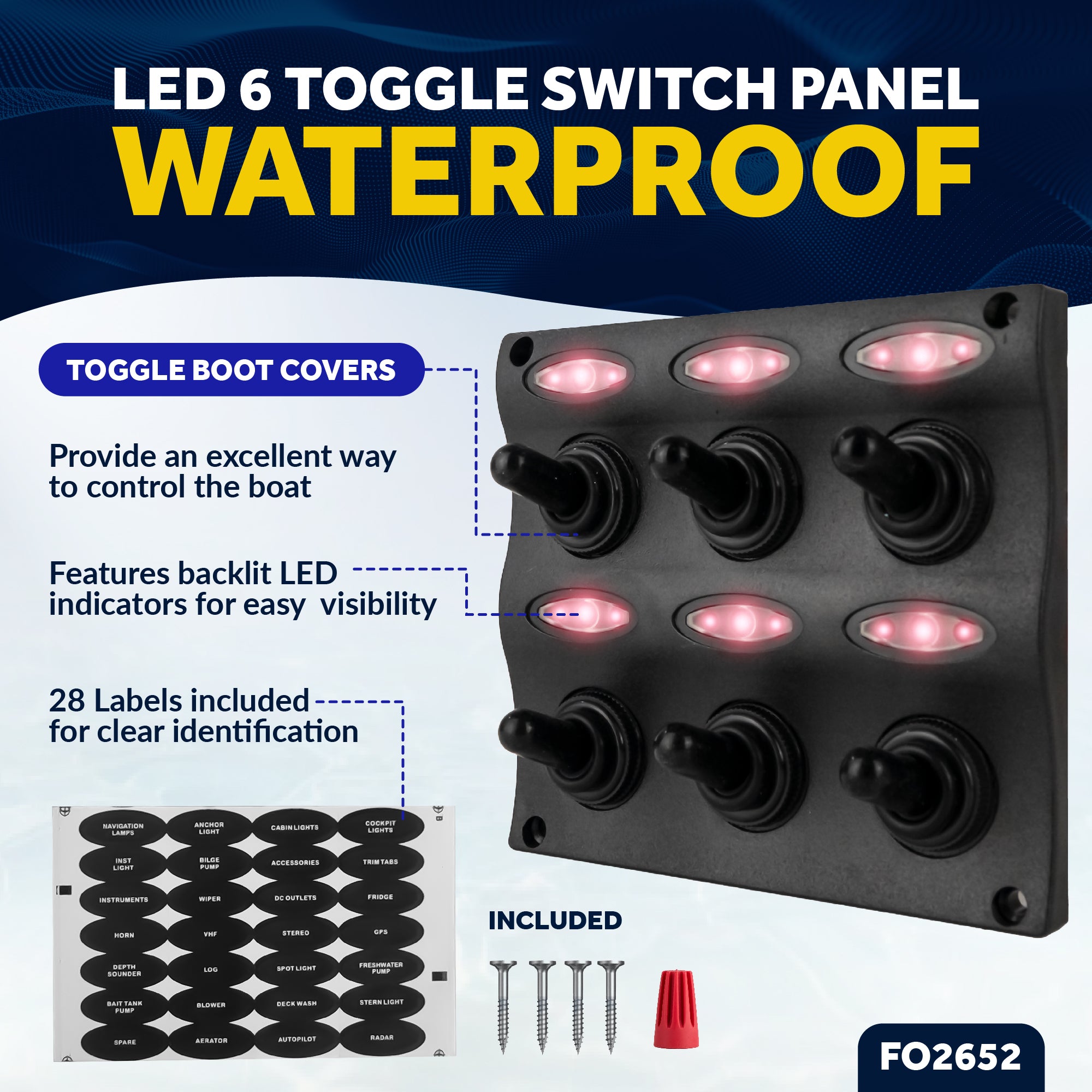 LED 6 Gang Switch Panel - Waterproof - 12-24 Volts - FO2652 - Five Oceans