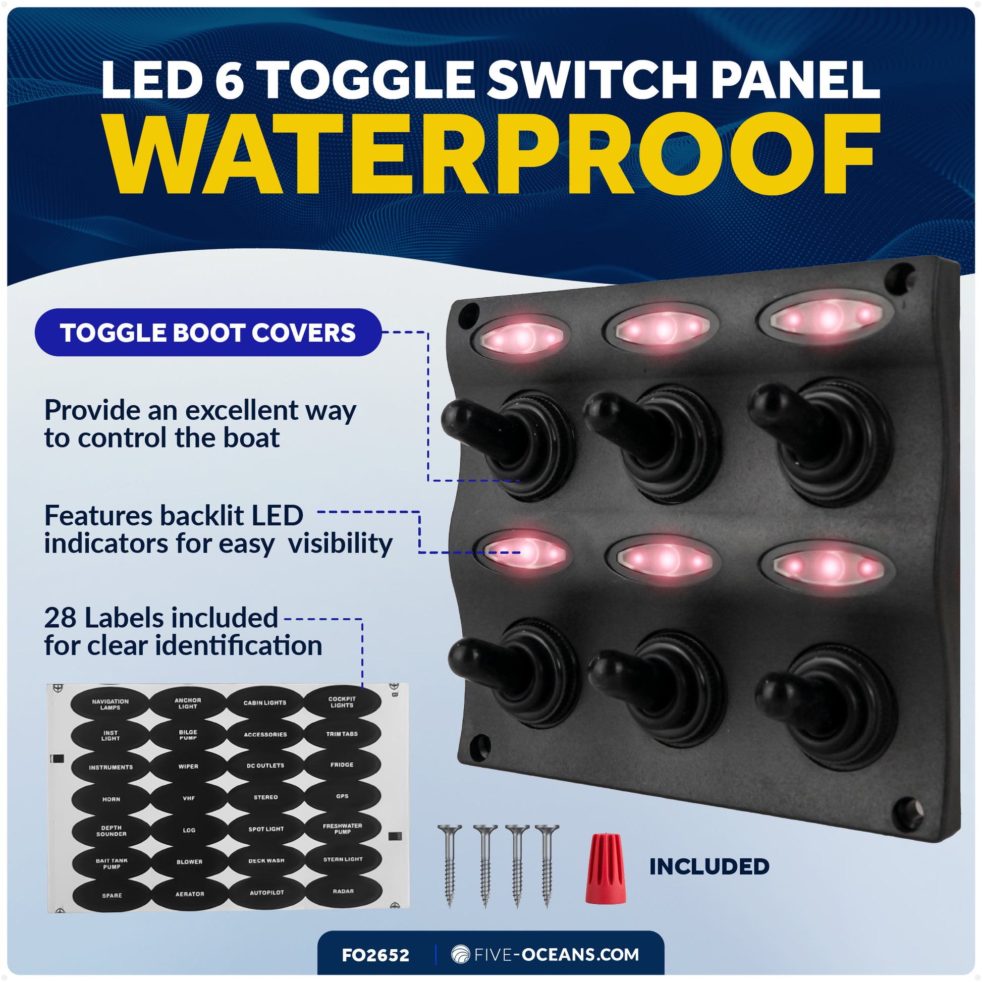 6 Gang Toggle Switch Panel, Waterproof, 12-24V - FO2652 - Five Oceans