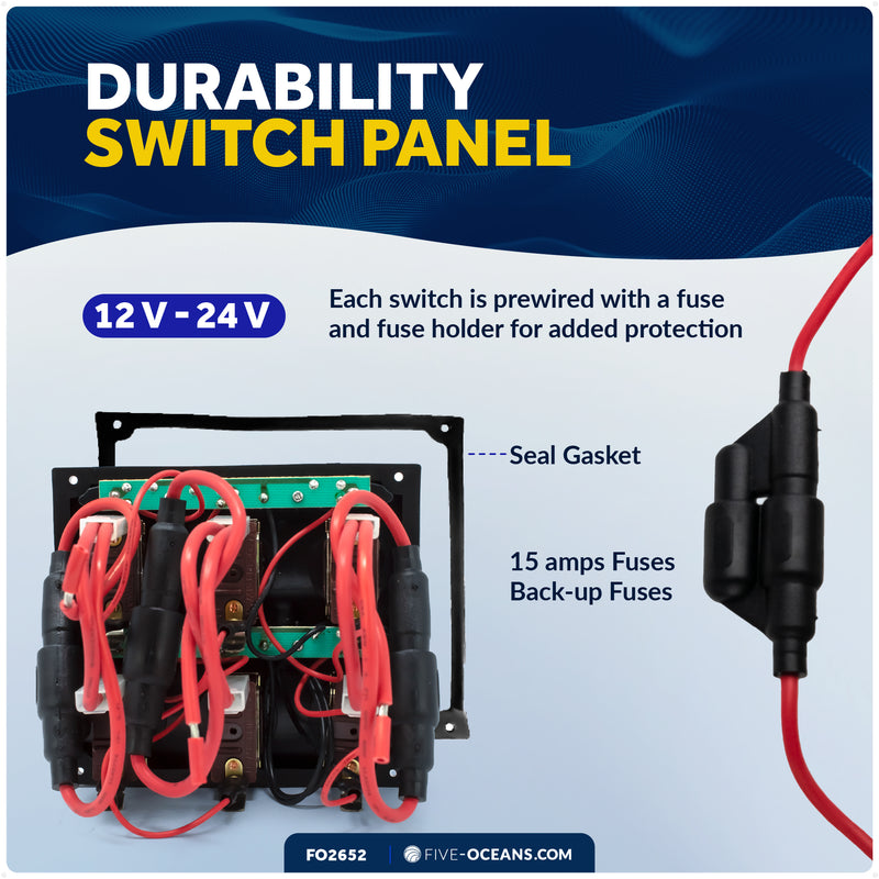 6 Gang Toggle Switch Panel, Waterproof, 12-24V - FO2652 - Five Oceans