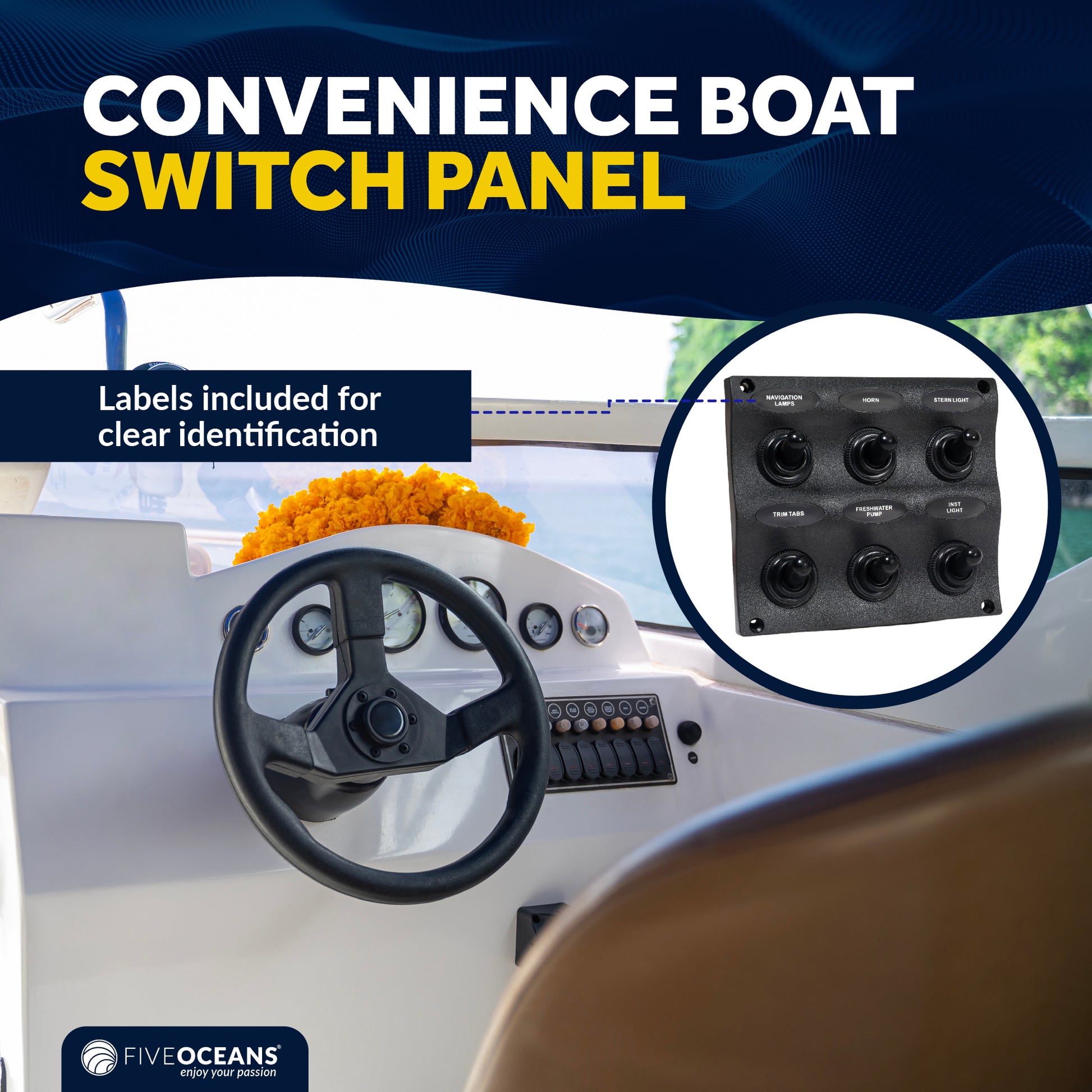 LED 6 Gang Switch Panel - Waterproof - 12-24 Volts - FO2652 - Five Oceans