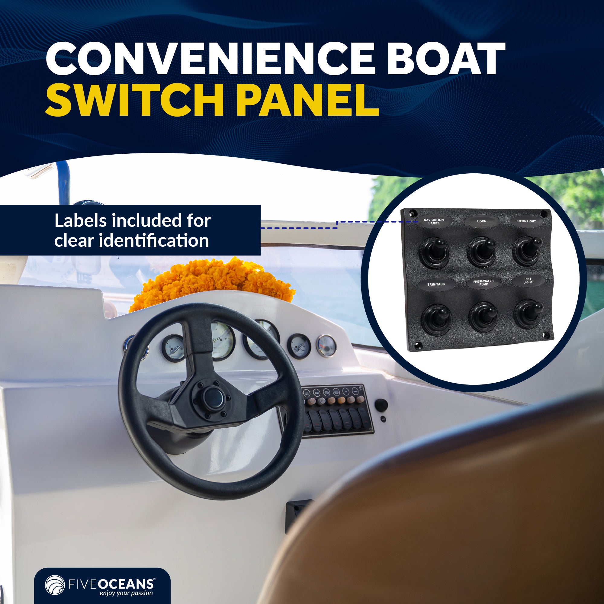 LED 6 Gang Switch Panel - Waterproof - 12-24 Volts - FO2652 - Five Oceans