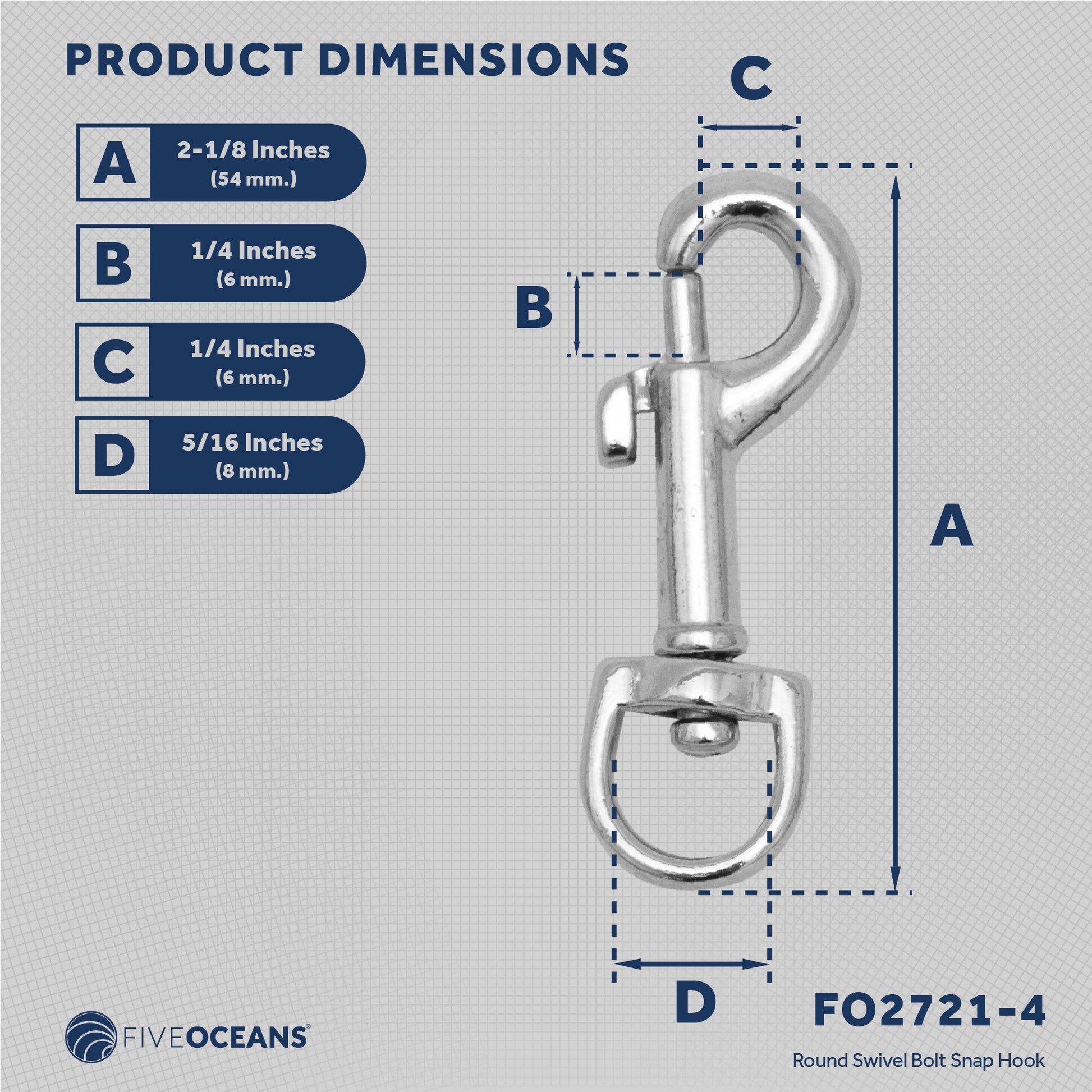 Swivel Round Eye Bolt Snap Hook, 4-Pack - FO2721-M4 - Five Oceans