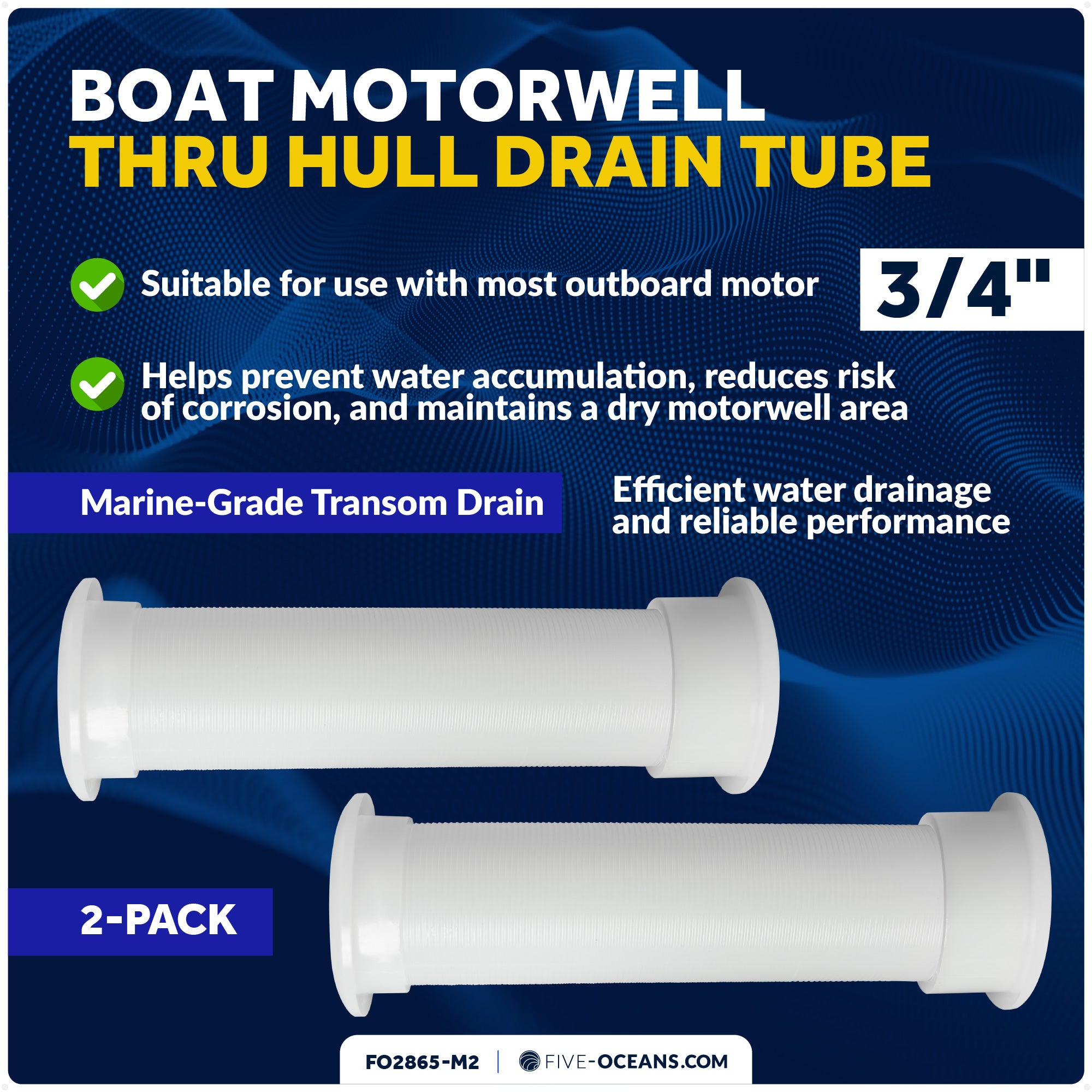 3/4" Boat Motorwell Thru Hull Drain Tube, White Nylon, 2-Pack - FO2865-M2
