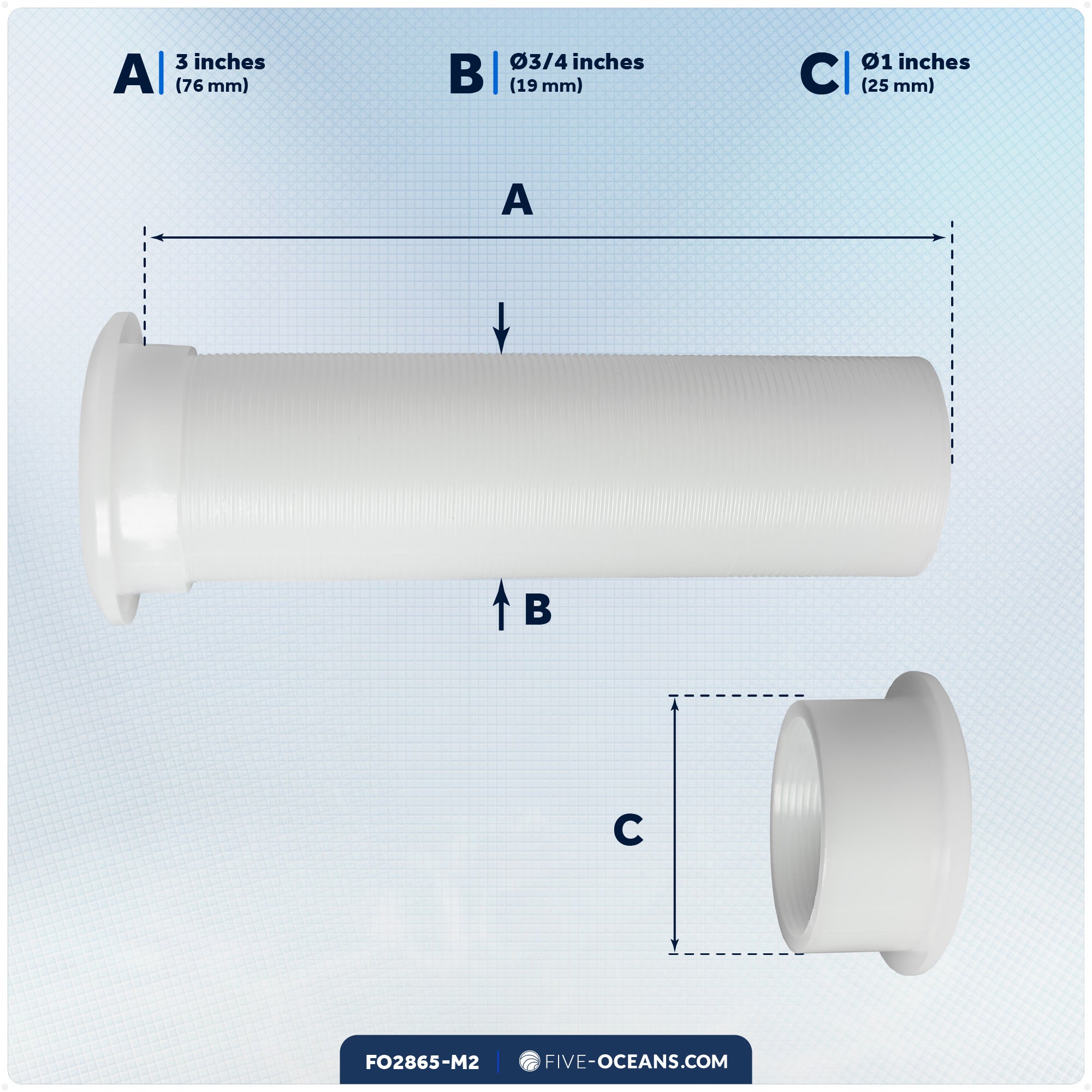 3/4" Boat Motorwell Thru Hull Drain Tube, White Nylon, 2-Pack - FO2865-M2